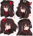  1girl absurdres black_coat black_headwear blush boo_tao_(genshin_impact) bright_pupils brown_hair closed_mouth coat dna_jhin21 expressions flower flower-shaped_pupils genshin_impact ghost hair_between_eyes hat hat_flower hat_tassel highres hu_tao_(genshin_impact) long_hair looking_at_viewer looking_to_the_side mandarin_collar parted_lips red_eyes simple_background symbol-shaped_pupils teeth twintails upper_teeth_only white_pupils 