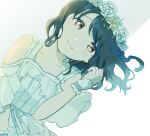  1girl bare_shoulders black_hair brown_eyes commentary_request dress flower_wreath fukumaru_koito hair_down highres idolmaster idolmaster_shiny_colors leaning_to_the_side long_hair looking_at_viewer ory_001 solo swept_bangs twintails white_dress wrist_cuffs 