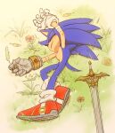  1boy animal_ears animal_nose arm_up bandaged_arm bandages caliburn_(sonic) chaosrice closed_eyes commentary flower full_body furry furry_male gauntlets gloves grass highres holding lying male_focus on_grass on_ground on_side red_footwear shoes single_gauntlet sleeping solo sonic_(series) sonic_and_the_black_knight sonic_the_hedgehog sword symbol-only_commentary tail weapon white_gloves 