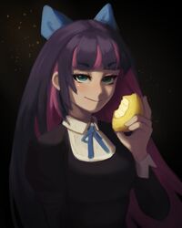  1girl absurdres black_dress black_hair blue_hair blue_ribbon bow breasts dress food fruit green_eyes hair_bow hexlaze highres holding holding_food holding_fruit large_breasts lemon long_hair looking_at_viewer neck_ribbon panty_&amp;_stocking_with_garterbelt pink_hair ribbon smile solo stocking_(psg) upper_body 