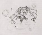  1girl aoi_(lgwa7reg7ystlpq) blush bubble chibi dancing detached_sleeves graphite_(medium) hatsune_miku headphones headset long_sleeves microphone monochrome music musical_note singing sketch solo thigh-highs traditional_media twintails vocaloid 