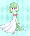  1girl absurdres arm_at_side arm_up artist_name blue_background blush bob_cut colored_skin commentary_request flat_chest full_body gardevoir green_hair green_skin hair_between_eyes highres looking_at_viewer meru_(mer_milky77) multicolored_skin open_mouth partial_commentary pokemon pokemon_(creature) red_eyes shading_eyes short_hair signature solo standing twitter_username two-tone_skin white_skin 
