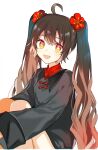  1girl :d aged_down ahoge black_coat bright_pupils brown_hair coat fang flower flower-shaped_pupils genshin_impact hair_flower hair_ornament highres hu_tao_(genshin_impact) light_blush long_hair long_sleeves looking_at_viewer mandarin_collar open_mouth orange_eyes red_flower simple_background smile solo symbol-shaped_pupils twintails white_background white_pupils yubacha 
