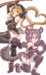  absurdres alternate_costume animal_ears aye-aye_(kemono_friends) bara_bara_(pop_pop) black_hair blonde_hair boots bow bowtie brown_eyes extra_ears golden_snub-nosed_monkey_(kemono_friends) highres kemono_friends kneehighs leotard long_hair monkey_ears monkey_girl monkey_tail red_eyes simple_background socks tail weapon 