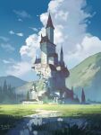  blue_sky building castle clouds cloudy_sky highres home_nobi mountain mountainous_horizon no_humans original pine_tree scenery sky tree 