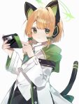  1girl animal_ear_headphones animal_ears blonde_hair blue_archive blue_necktie bow cat_tail commentary fake_animal_ears gominami green_eyes hair_bow headphones highres hood hooded_jacket jacket midori_(blue_archive) multicolored_clothes multicolored_jacket necktie nintendo_switch parted_bangs short_hair simple_background smile solo tail white_background wide_sleeves 