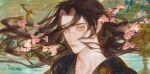 1boy architecture black_hair cherry_blossoms chinese_clothes code:_kite east_asian_architecture hanfu highres light_smile light_xk liu_bian long_hair looking_at_viewer male_focus parted_bangs solo upper_body 