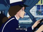  1girl 80s car car_door cat&rsquo;s_eye flat_tire motor_vehicle police police_car police_uniform policewoman road shop 