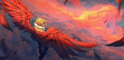  1boy above_clouds bird black_bird blonde_hair blurry blurry_foreground boku_no_hero_academia chromatic_aberration city clouds commentary depth_of_field emily_ooi english_commentary falling_feathers feathered_wings feathers film_grain flock flying from_above from_behind full_body fur-trimmed_jacket fur_trim hawks_(boku_no_hero_academia) headphones highres instagram_username jacket light male_focus messy_hair midair outdoors pants perspective pink_clouds red_feathers red_wings short_hair solo spread_wings sunlight twilight twitter_username wide_shot wings wings_through_clothes yellow_jacket 