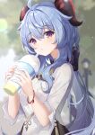  1girl absurdres ahoge bell blue_hair blurry bow bracelet commentary_request cup depth_of_field disposable_cup drinking_straw drinking_straw_in_mouth from_side ganyu_(heytea)_(genshin_impact) genshin_impact goat_horns hair_between_eyes hair_bow hair_ribbon highres holding holding_cup horns jewelry koki_(latte1023) lamppost long_hair long_sleeves looking_at_viewer looking_to_the_side low_ponytail neck_bell official_alternate_costume outdoors ribbon shirt sidelocks solo upper_body violet_eyes white_shirt 