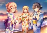  3girls absurdres ahoge beach black_hair blonde_hair blue_eyes blue_kimono closed_mouth evening fireworks floral_print flower green_sash hair_bun hair_flower hair_ornament highres holding_fireworks isshiki_iroha japanese_clothes kazari_hisa kimono lens_flare long_sleeves looking_at_viewer medium_hair multiple_girls obi ocean open_mouth orange_eyes orange_hair outdoors print_kimono purple_sash reaching reaching_towards_viewer sash single_hair_bun single_side_bun sky smile sparkler teeth upper_teeth_only white_kimono wide_sleeves yahari_ore_no_seishun_lovecome_wa_machigatteiru. yellow_eyes yellow_kimono yellow_sash yuigahama_yui yukinoshita_yukino 