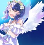  1girl absurdres angel_wings bare_shoulders black_hair closed_eyes commentary_request dark_background dress fangs flower_wreath fukumaru_koito highres idolmaster idolmaster_shiny_colors jewelry kiri_meee necklace open_mouth skin_fangs solo swept_bangs twintails upper_body white_dress wings wrist_cuffs 
