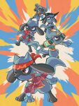  black_headwear closed_eyes clothed_pokemon debudebumetabo hat headband highres no_humans open_mouth poke_ball_symbol pokemon pokemon_(creature) riolu 