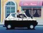  1girl 80s car car_door cat&rsquo;s_eye flat_tire motor_vehicle police police_car police_uniform policewoman road shop 