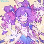 1girl ahoge artist_name blue_eyes blush brooch closed_mouth drill_hair elbow_gloves gloves gwen_(league_of_legends) hair_between_eyes hair_ornament heterochromia highres holding holding_scissors holding_weapon jewelry league_of_legends long_hair looking_at_viewer official_alternate_costume official_alternate_hairstyle purple_hair scissors simple_background smile solo star_(symbol) star_guardian_(league_of_legends) star_guardian_gwen star_guardian_pet twin_drills twintails upper_body violet_eyes weapon ztdlb
