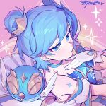  1girl artist_name blue_eyes blue_hair closed_mouth collarbone gloves hair_between_eyes hair_ornament hand_on_own_chest highres league_of_legends looking_at_viewer official_alternate_costume official_alternate_hairstyle orianna_(league_of_legends) short_hair simple_background solo star_guardian_(league_of_legends) star_guardian_orianna star_guardian_pet upper_body white_gloves ztdlb 