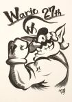  1boy anger_vein anniversary big_nose cabbie_hat character_name chin clenched_teeth commentary_request facial_hair flexing from_side gloves hat ink_(medium) koaraymt looking_at_viewer male_focus monochrome muscular muscular_male mustache open_mouth overalls pointy_ears shirt short_hair signature smile super_mario_bros. t-shirt teeth thick_eyebrows traditional_media upper_body v-shaped_eyebrows wario 