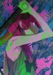  1girl abstract_background arm_up bare_arms black_bow blunt_bangs bocchi_the_rock! bow braid commentary_request dress from_side green_dress hair_bow hair_over_shoulder hand_tattoo highres hiroi_kikuri holding holding_instrument instrument long_hair lowlifescore profile purple_hair single_braid sleeveless sleeveless_dress solo tattoo upper_body violet_eyes 