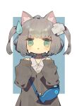 1girl ahoge animal_ear_fluff animal_ears bag bandaid_hair_ornament blue_bag border brown_dress brown_hair buttons cat_ears cat_girl chuno_(poym) collared_shirt commentary dress fish green_eyes hair_ornament handbag hands_up highres long_sleeves looking_at_viewer open_mouth original outside_border shirt sleeves_past_wrists smile solo standing straight-on symbol-only_commentary tears two_side_up upper_body water_drop_hair_ornament white_border white_shirt x_hair_ornament 