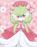  1girl absurdres artist_name blush bob_cut bow bowtie capelet closed_mouth clothed_pokemon colored_skin commentary_request flat_chest floral_background frilled_hairband frills gardevoir green_hair green_skin hair_between_eyes hair_bow hairband hands_up happy highres looking_at_viewer meru_(mer_milky77) multicolored_skin partial_commentary pink_background pink_bow pink_bowtie pink_capelet pokemon pokemon_(creature) red_eyes red_hairband short_hair signature smile solo split_mouth standing straight-on twitter_username two-tone_skin white_skin 