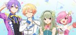  2boys 2girls blonde_hair butterfly_hair_ornament closed_eyes closed_mouth collared_shirt dress green_hair hair_ornament hair_ribbon hairband hand_on_own_chin imoko_(imo_ss) kamishiro_rui kusanagi_nene long_sleeves looking_at_another multiple_boys multiple_girls one_eye_closed ootori_emu open_mouth pink_eyes pink_hair project_sekai purple_hair ribbon shirt short_hair short_sleeves smile tenma_tsukasa triangle_background upper_body violet_eyes yellow_eyes yellow_ribbon 
