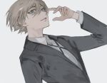  1boy black_jacket blonde_hair collared_shirt danganronpa:_trigger_happy_havoc danganronpa_(series) glasses grey_shirt hair_between_eyes jacket long_sleeves looking_at_viewer male_focus semi-rimless_eyewear shirt short_hair simple_background smile solo teeth togami_byakuya upper_body white-framed_eyewear white_background yoruirooo777 