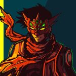  black_hair black_shirt blue_background crown emeraldcodex getter_emperor getter_rays getter_robo jacket limited_palette mask nagare_ryoma open_clothes open_jacket possessed red_mask red_scarf scarf shirt smirk 