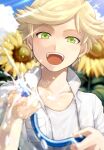  1boy adrien_agreste blonde_hair flower green_eyes hair_between_eyes highres hm89509321 holding holding_hose hose jacket male_focus miraculous_ladybug open_mouth shirt smile solo sunflower teeth white_jacket white_shirt 