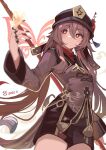  1girl black_headwear black_nails blurry brown_coat brown_hair brown_shorts bug butterfly closed_mouth coat coattails depth_of_field flower flower-shaped_pupils genshin_impact hair_between_eyes hat hat_flower hat_tassel holding holding_polearm holding_weapon hu_tao_(genshin_impact) long_hair long_sleeves orange_eyes polearm shorts simple_background solo symbol-shaped_pupils twintails weapon white_background yuanzazhihuishuijiao 