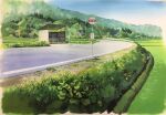  blue_sky building bus_stop bush chochottochoina forest grass hill house mountain mountainous_horizon nature original painting_(medium) plant road road_sign rural sign sky tall_grass terrace traditional_media tree utility_pole 