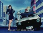  1girl 80s car car_door cat&rsquo;s_eye flat_tire motor_vehicle police police_car police_uniform policewoman road shop 