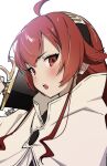  1girl ahoge black_hairband blush eris_greyrat hair_between_eyes hairband highres holding holding_sword holding_weapon long_hair looking_at_viewer mushoku_tensei open_mouth red_eyes redhead simple_background solo sword tochi_keisuke weapon white_background 