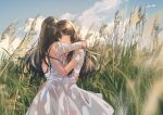  2girls clouds day dress field fly_(marguerite) grass hand_on_another&#039;s_shoulder hand_on_another&#039;s_waist highres hug long_hair looking_at_viewer multiple_girls original outdoors pinafore_dress sky sleeveless sleeveless_dress tall_grass third-party_source white_dress yuri 