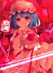  1girl absurdres ascot bat_wings blue_hair brooch closed_mouth collared_shirt fang frilled_shirt_collar frills highres jewelry looking_at_viewer pink_headwear pink_shirt pink_skirt red_ascot red_eyes remilia_scarlet shangurira shirt short_hair skirt smile solo touhou wings wrist_cuffs 