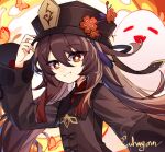  1girl adjusting_eyewear black_nails bright_pupils brown_coat brown_hair brown_headwear bug butterfly coat english_commentary flower flower-shaped_pupils genshin_impact ghost hair_between_eyes hat hat_flower hat_tassel highres hu_tao_(genshin_impact) long_hair long_sleeves looking_at_viewer orange_eyes parted_lips shiroi_ou signature smile solo symbol-shaped_pupils twintails white_pupils 