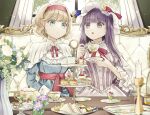  2girls alice_margatroid blonde_hair blue_dress blue_eyes crescent crescent_hat_ornament dress hairband hat hat_ornament highres lolita_hairband long_hair mob_cap multiple_girls open_mouth patchouli_knowledge poteimo_(poteimo622) purple_hair red_hairband touhou violet_eyes white_headwear 