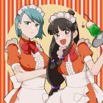  2girls :d ace_attorney apron arm_at_side back_bow beads black_hair blue_eyes blue_hair blunt_bangs blush bow bowtie buttons caramelrag center_frills closed_mouth collared_dress cowboy_shot crossed_arms dress earrings food franziska_von_karma frilled_apron frills grey_eyes hair_beads hair_ornament hand_up highres holding holding_tray ice_cream ice_cream_float jewelry long_hair looking_at_viewer low-tied_long_hair low_tied_sidelocks maid maid_apron maid_headdress maya_fey melon_soda mole mole_under_eye multiple_girls open_mouth orange_dress pocket puffy_short_sleeves puffy_sleeves red_bow red_bowtie short_hair short_sleeves smile swept_bangs topknot tray tres_bien_maid_uniform v-shaped_eyebrows white_apron white_bow 