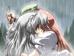  blood highres hong_meiling hug izayoi_sakuya knife long_hair rain red_eyes red_hair redhead touhou tsuki_wani white_hair 