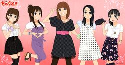  akasha_(dream) bad_id belt dress fashion hat heart heart_hands highres hikasa_youko k-on! kotobuki_minako moe_moe_kyun! multiple_girls okasha overalls pantyhose parody sandals satou_satomi seiyuu seiyuu_connection seiyuu_joke skirt style_parody taketatsu_ayana toyosaki_aki v 