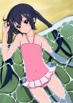  black_hair blush brown_eyes casual_one-piece_swimsuit errant flat_chest from_above hand_in_hair head_tilt highres k-on! light_smile long_hair looking_at_viewer looking_up lying nakano_azusa ocean on_back one-piece_swimsuit smile solo submerged swimsuit twintails water wet 