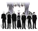  bald batou black_hair boma_(ghost_in_the_shell) brown_hair coat crossed_arms everyone formal ghost_in_the_shell ghost_in_the_shell_stand_alone_complex grey_hair hand_in_pocket hands_in_pockets hands_on_hips hat head_tilt ishikawa jacket jewelry kusanagi_motoko lineup looking_away looking_down necklace necktie no_eyes open_mouth paz purple_hair red_eyes saito shadow short_hair sjw_kazuya standing suit sweater togusa 