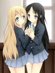  bad_id black_hair blonde_hair blue_eyes holding_hands k-on! kotobuki_tsumugi long_hair purple_eyes school_uniform tenzaru violet_eyes 