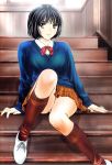  black_hair highres kobayashi_hiyoko oku-sama_wa_joshi_kousei onohara_asami school_uniform short_hair sitting socks stairs sweater_vest 
