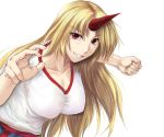  blonde_hair breasts cleavage clenched_hand collarbone grin horn horns hoshiguma_yuugi large_breasts long_hair red_eyes ryuushou smile solo touhou 