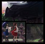  din_(flypaper) hakurei_reimu kochiya_sanae looking_up oriental_umbrella outstretched_hand shrine stone_lantern touhou umbrella 