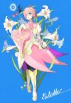  blue_background blue_eyes character_name estellise_sidos_heurassein flower lily_(flower) pink_hair rapier shield short_hair solo sword tales_of_(series) tales_of_vesperia weapon 
