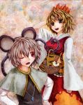  2girls animal_ears basket blonde_hair brown_hair capelet gem grey_hair hair_ornament hand_behind_head hands_on_hips jeweled_pagoda jewelry kabaji long_sleeves mouse mouse_ears mouse_tail multicolored_hair multiple_girls nazrin necklace oil_painting_(medium) open_mouth pendant red_eyes tail tiger_print toramaru_shou touhou traditional_media two-tone_hair wide_sleeves wink yellow_eyes 