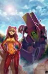  blue_eyes blue_hair brown_hair eva_02 eyepatch hands_on_hips highres long_hair mecha nanaya_(daaijianglin) navel neon_genesis_evangelion plugsuit rebuild_of_evangelion see-through shikinami_asuka_langley sitting skin_tight sky smile souryuu_asuka_langley test_plugsuit tsundere 