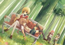  crossover cute dutch_angle forest hayate_no_gotoku! kugimiya_rie lap_pillow louise_francoise_le_blanc_de_la_valliere nature outdoors outside pantyhose sanzen'in_nagi sanzenin_nagi seiyuu_connection seiyuu_joke shakugan_no_shana shana shomon thighhighs toradora! tsundere white_legwear zero_no_tsukaima 