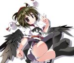  belt black_hair black_legwear black_thighhighs hat panties pantyshot red_eyes shameimaru_aya short_hair skirt solo thigh-highs thighhighs tokin_hat tomato_kandume touhou underwear white_panties wings 